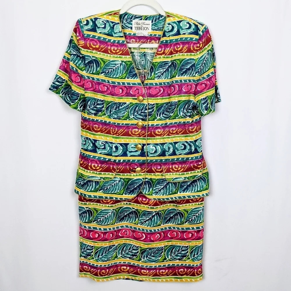 Vintage Rickie Freeman Teri Jon Linen Jacket Silk Skirt Suit Set Colorful sz.6